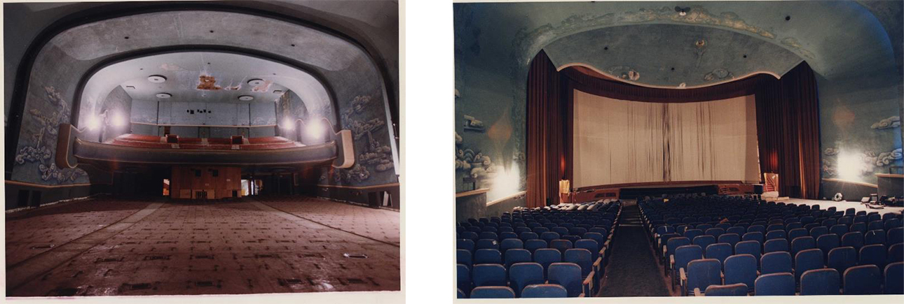 Valentine Theatre with Chinese Art Deco style – mural of Kwan Yen (above) and Auditorium and balcony with sweeping curved walls in blue with clouds and floating Buddhas painted on the walls and ceiling. (Photos courtesy of The Blade c. 1970s – 1990s)